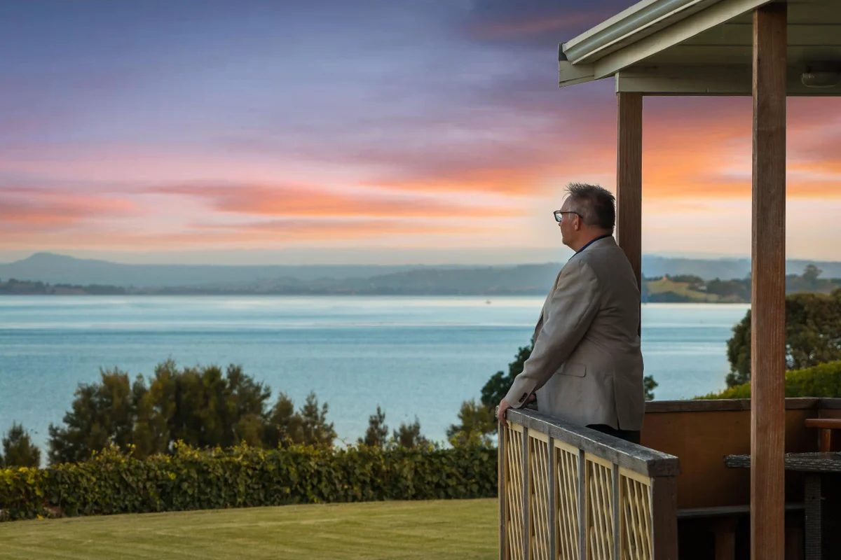 The estuary outlook from the home's upper level at dusk