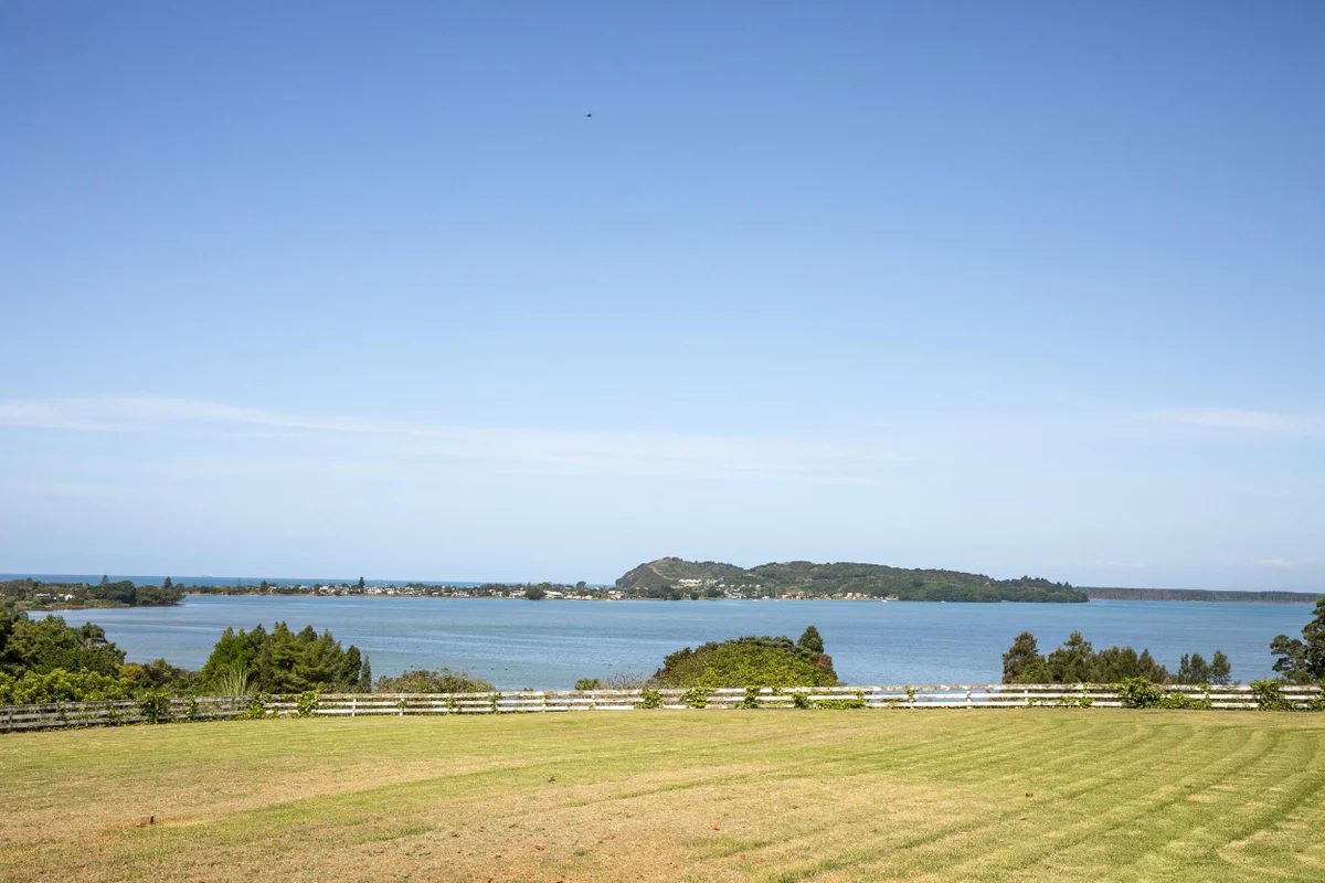 The lawn and fence line opening to the estuary