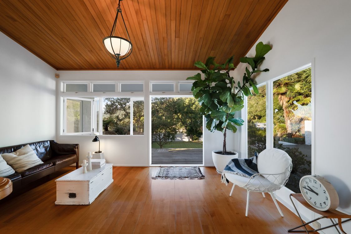 Living room with a native timber ceiling and a wall of windows